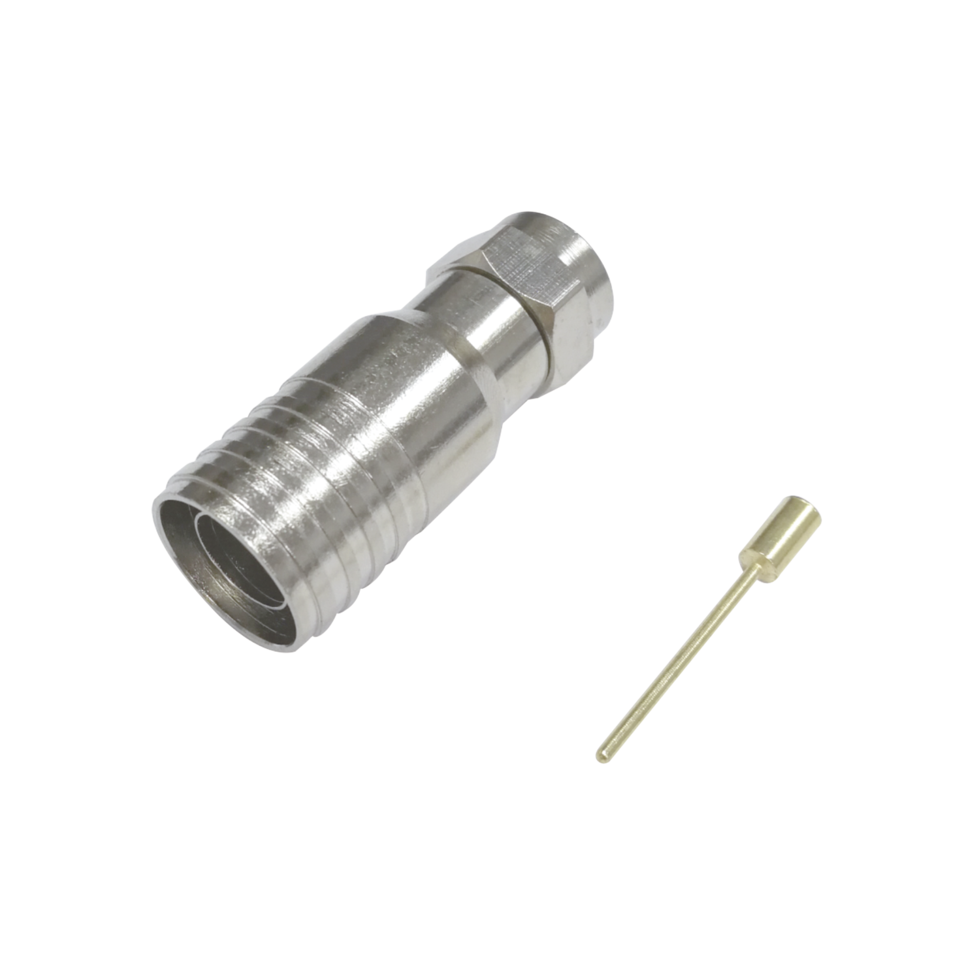 Conector F Macho en 75 Ohm, Plegable para Instalar en Cables Coaxiales RG-11, Cuerpo de Bronce-Niquelado/ Teflón. Conector F Macho en 75 Ohm, Plegable para Instalar en Cables Coaxiales RG-11, Cuerpo de Bronce-Niquelado/ Teflón.